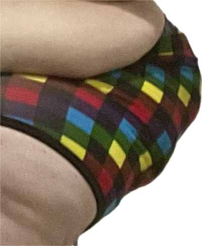 Hip of fat person wearing checkered boxer shorts